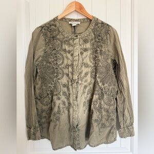 Coldwater Creek Olive Green Embroidered Button-Down Shirt Blouse Cottagecore M